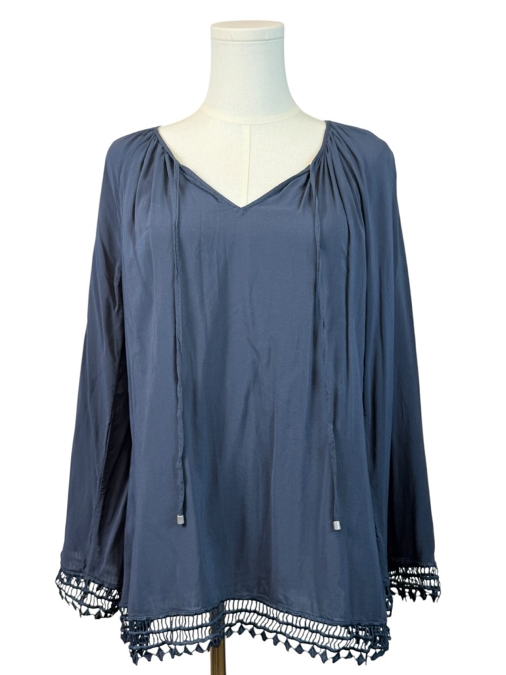 Tart Navy Blue Boho Peasant Blouse Crochet Trim Long Sleeve‎ Top Small - Picture 2 of 6